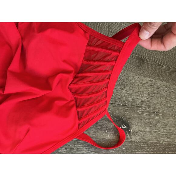One Piece Ruched Side Halter‎ Neck Mesh Detail Red Bathing Swim Suit Womens XS - Picture 4 of 9